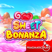 Sweet Bonanza icon with candy fruit symbols on a violet-pink background